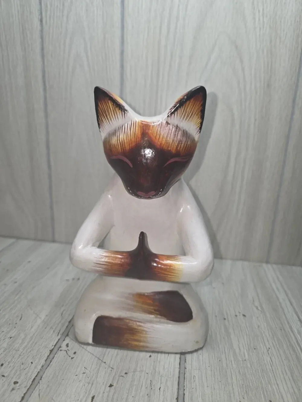 Handcrafted Yoga-Themed Siamese Cat Raintree Wood Sculpture Feline Yoga